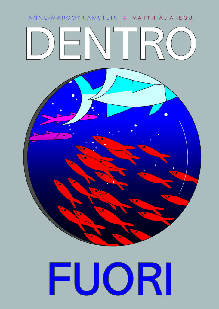 disegno di pesci rossi e pesce azzurro su sfondo blu